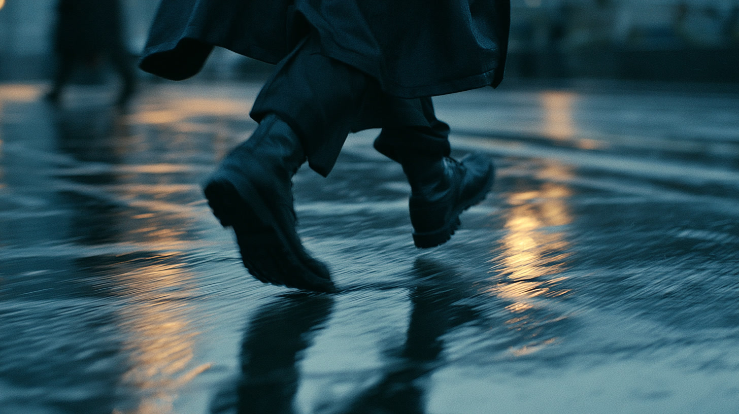 Legs walking on a wet pavement, cropped above the knee