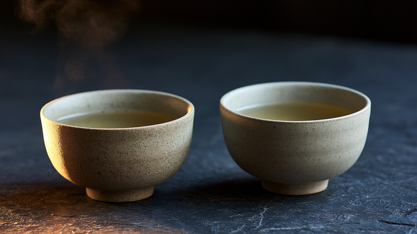 A plain ceramic cup of pale tea on a dark counter at night, steam rising