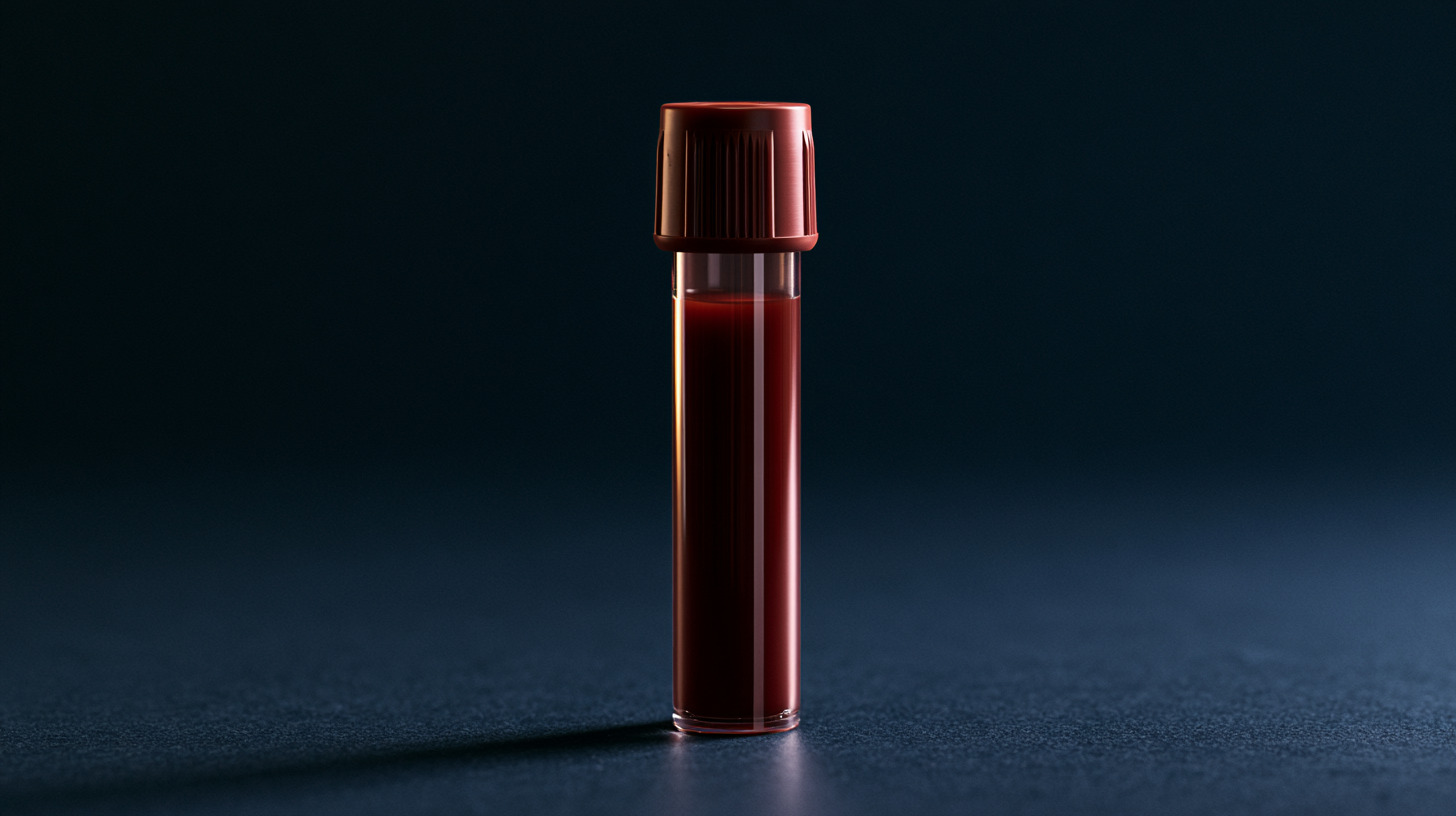 A sealed blood collection tube standing upright against a dark background