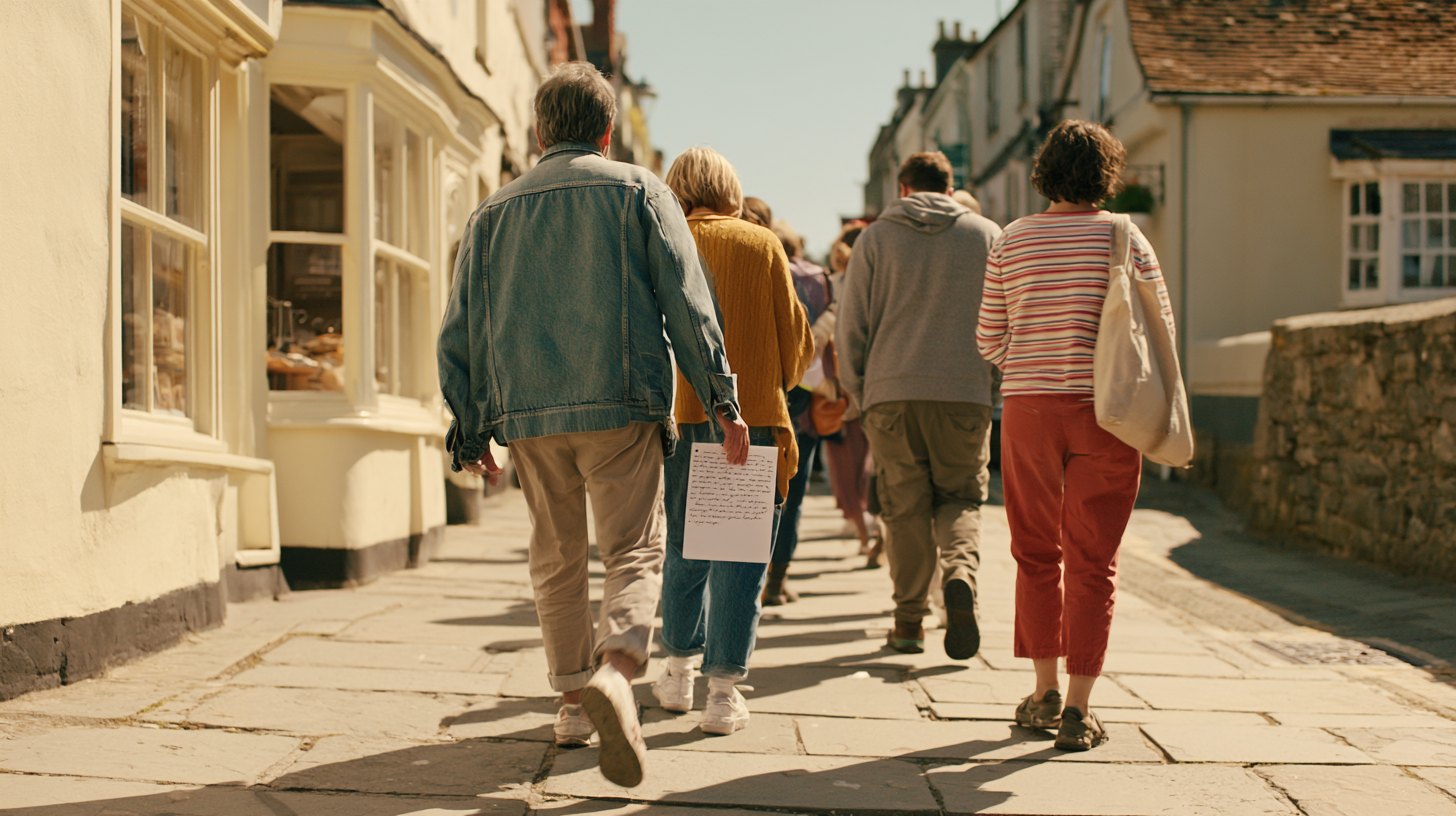 People walking away down a sunlit lane, seen from behind, one of them carrying a handwritten sheet of paper at his side