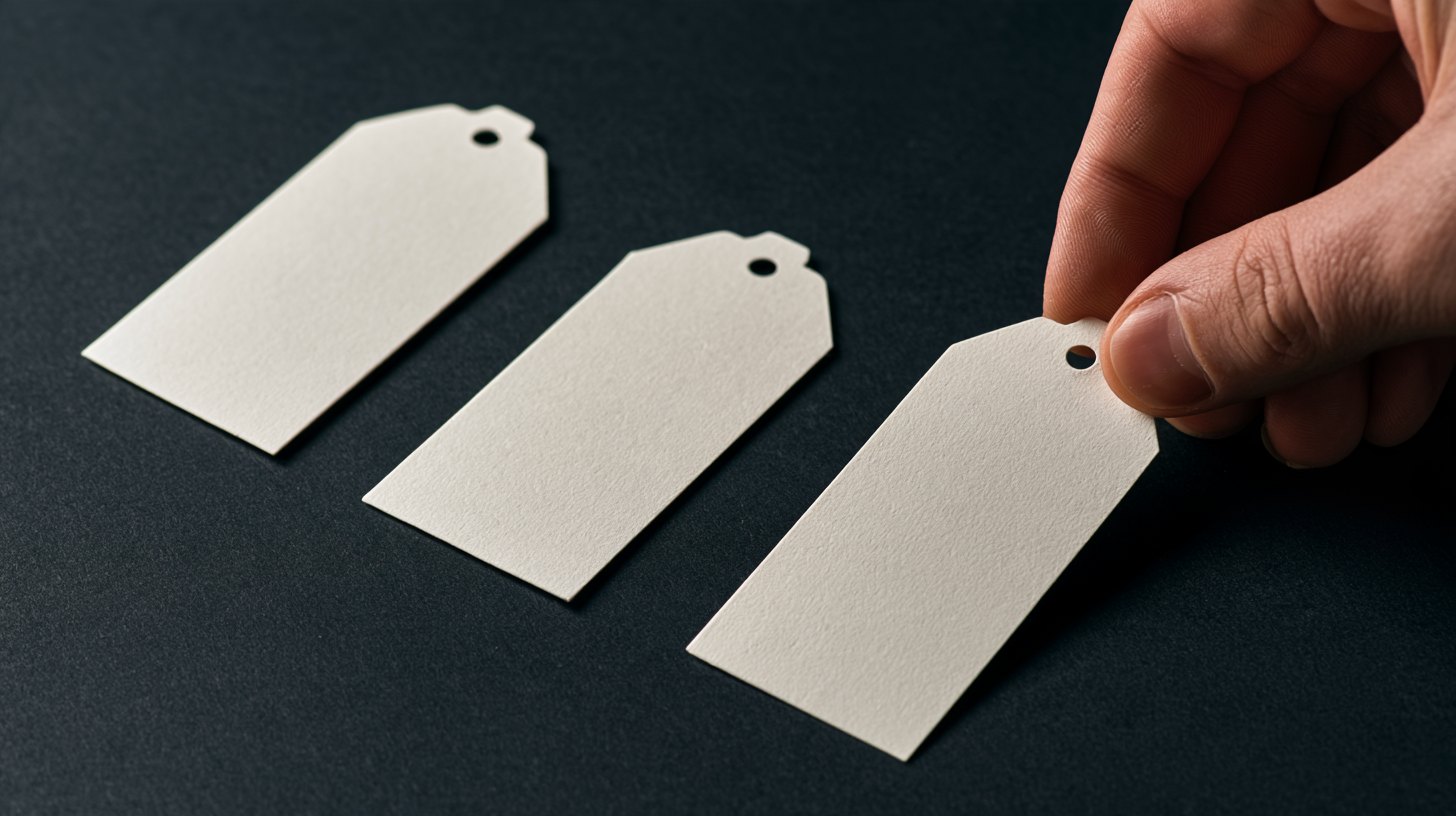 Three blank paper tags on a dark surface, the last one held up between finger and thumb