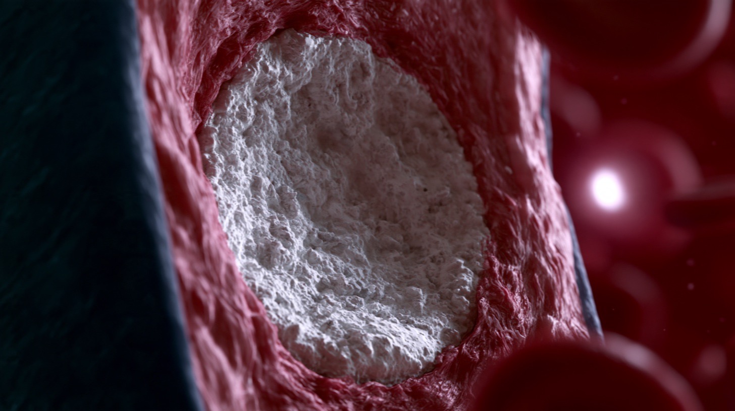 A dense white calcified plaque under a smooth fibrous cap on the inner wall of a coronary artery, red blood cells drifting past