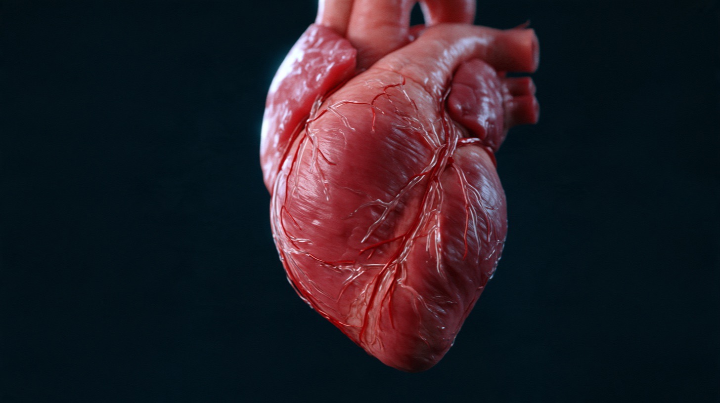 A human heart against a dark background, the coronary arteries visible on its surface